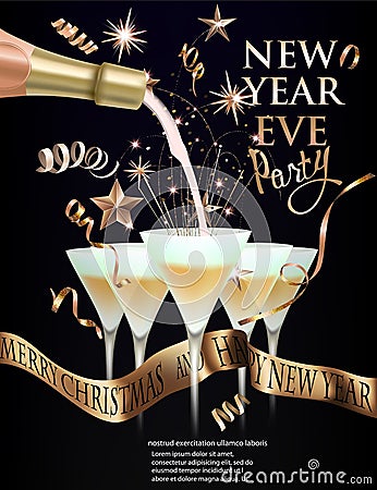 New year eve invitation card with glasses with champagne and christmas decorations. Gold and black. Vector Illustration