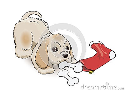 New Year Eve Sock Present for Cocker Spaniel Puppy. Cartoon Fluffy Cute Character Vector Illustration