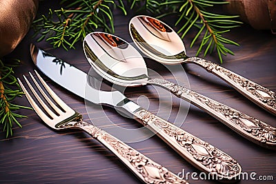 New Year festiv table sets. Fork spoon knife Stock Photo