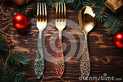 New Year festiv table sets. Fork spoon knife Stock Photo