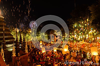 New year festival, Thai people floating lamp in Phan Tao Temple, Thailand Editorial Stock Photo