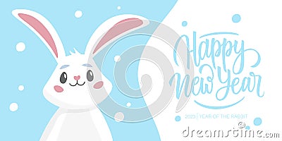 New Year festive banner with cute rabbit and handwritten holiday greetings Happy New Year. 2023 year of the rabbit. Vector Illustration
