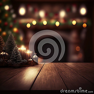 New Year festive empty wooden table blurred background Christmas banner Cartoon Illustration