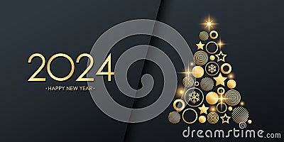 2024 New Year festive holiday banner with golden Christmas tree. Black and gold. Vector Illustration