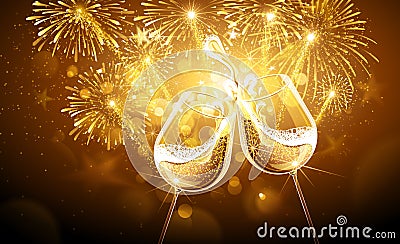 New Year fireworks and champagne Vector Illustration