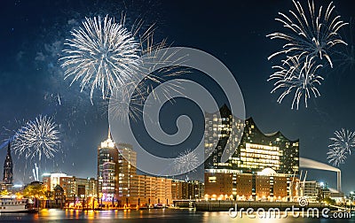 New Year fireworks Hamburg skyline Stock Photo