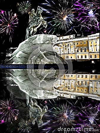 New Year fireworks over Monument to tsar Peter 1, Bronze Horseman, with reflection, in Saint Petersburg, Russia, mixed media Stock Photo