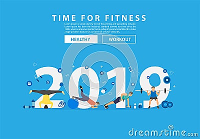 2019 new year fitness concept workout with equipment Vector Illustration