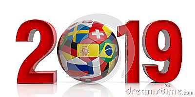 New year 2019 with flags soccer football ball isolated on white background. 3d illustration Cartoon Illustration