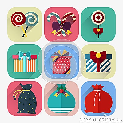 New year flat icon set of christmas gift, santa claus bag and lollipop Vector Illustration