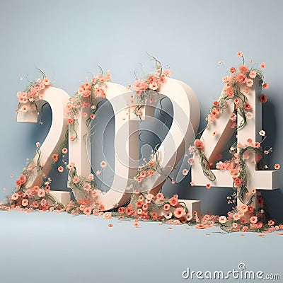 New Year 2024 with flowers on a blue background, greeting card concept, and 3D illustration, generative ai Cartoon Illustration