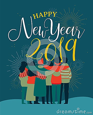 New Year 2019 friend people group greeting card Vector Illustration