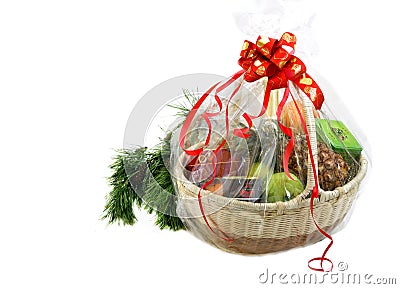 New year gift basket and pine branch Stock Photo