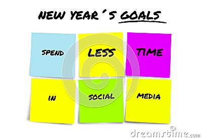 New Year goals and resolutions in colorful sticky notes determined to spend less time in social media isolated on white Stock Photo