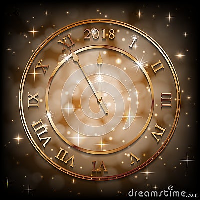 New Year 2018 gold background with bronze old clock. Greetings New Year banner with sepia background. Vector Vector Illustration