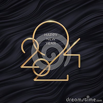 2024 new year gold metal logo. New year logo on black waves abstract background. Vector Illustration