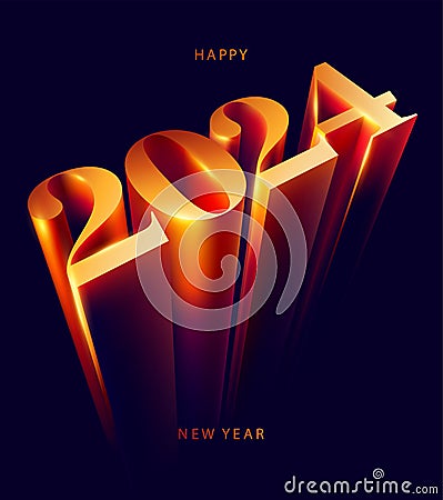 New year 2024. Golden 3D holiday lettering design. Bright volumetric numbers on a dark background Vector Illustration