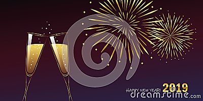 New Year golden fireworks and champagne glasses Vector Illustration