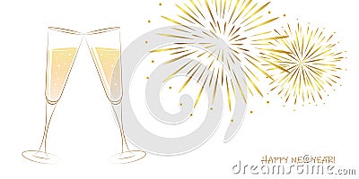 New Year golden fireworks and champagne glasses on a white background Vector Illustration