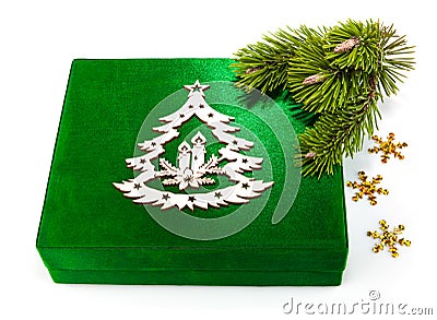 New Year green box with twig Christmas tree Stock Photo