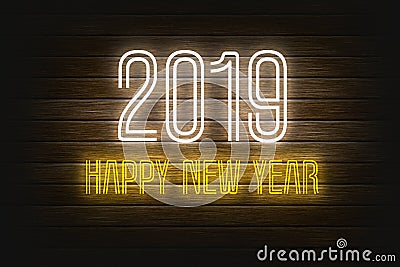 New year greeting 2019 brite neon lights design. wooden bg Stock Photo