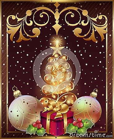 New Year greeting card with Christmas tree and decorations with toys, bow and frame Vector Illustration