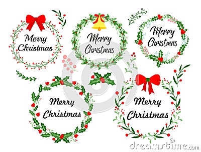 New Year greeting card. Christmas wreath set with winter floral elements. Vector illustration in flat style on white Vector Illustration