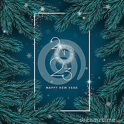 New Year Greeting Card. Clock with snow and text 2023 Happy New Year Vector Illustration