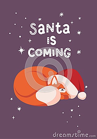 New year greeting card with cute cat sleep in Santa hat. Text lettering Santa is coming. Isolated on white background. Vector Illustration