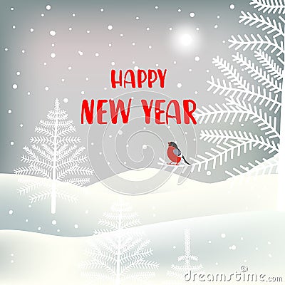 New Year greeting card with cute character. Background with bullfinch, christmas trees, landscape and snowfall Vector Illustration