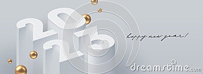 2023 new year greeting card with 3d realistic render number of the year with golden sphere. Vector. Vector Illustration