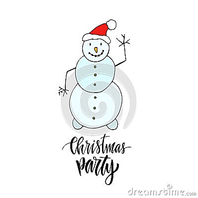 New year greeting card with dancing snowman. Christmas Party greeting card with modern calligraphy Vector Illustration