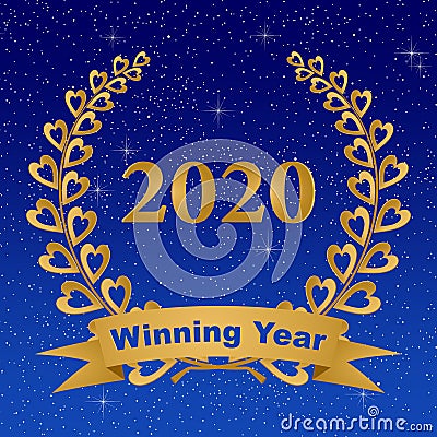 New year greeting card 2020 with gold laurel wreath composed of two branches with colorful hearts and stems with a gold ribbon for Vector Illustration