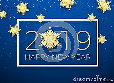 New Year greeting card. Golden Text Happy New Year 2019 with gold snowflake. Holiday creative greeting card design Vector Illustration