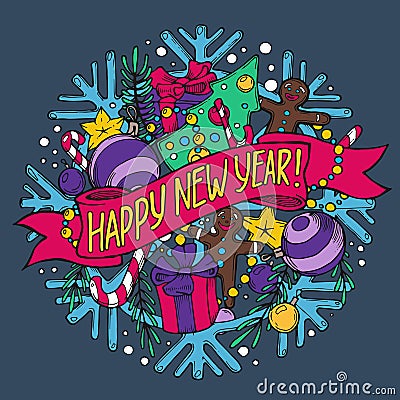 New Year greeting card with holiday stuff Vector Illustration