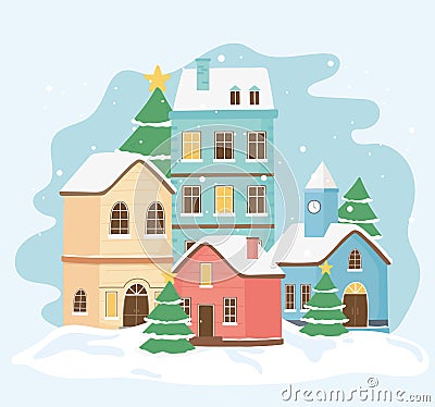 New year greeting card houses town trees stars snow Vector Illustration