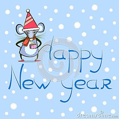 New year greeting card - mouse with new year gift Vector Illustration