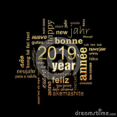 New year greeting card 2019. Multilingual word cloud, golden letters on black Stock Photo