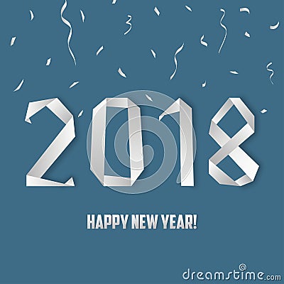 New Year 2018 greeting card with origami number and confetti. Vector. Vector Illustration