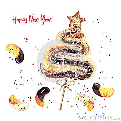 New Year greeting card with pastries and tangerine slices in glaze Stock Photo