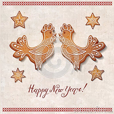 New year greeting card with realistic rooster gingerbread cookie. Vector Illustration