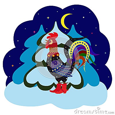 New year greeting card with rooster in red boots with spurs Vector Illustration