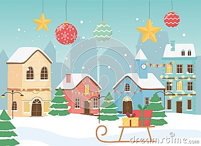 New year 2020 greeting card village houses sled gifts snow balls and stars Vector Illustration