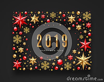 New Year 2019 illustration. Frame made from stars, ruby gems, glitter gold snowflakes and beads. Vector illustration. Vector Illustration