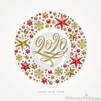 New Year greeting illustration. 2020 year - glitter gold flourishes calligraphy logo in frame which is made from holiday decor. Vector Illustration