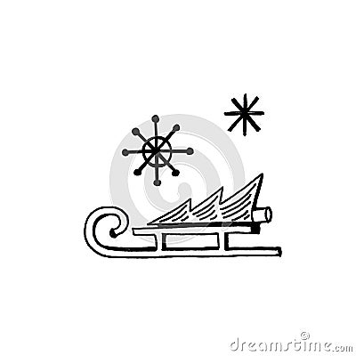 New Year hand drawn doodle icons set. Sled, tree,snowflakes on white background. Stock Photo