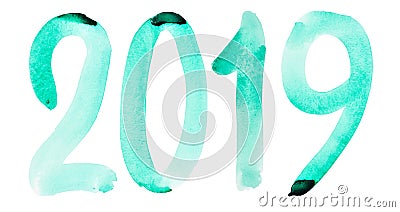 New year 2019 - Hand drawn green watercolor number Stock Photo