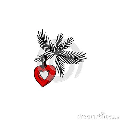 New Year hand drawn red heart toy with branches on white background. Stock Photo