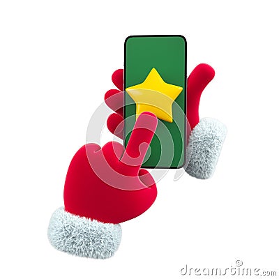 New Year hand presses phone with green screen and gold star. Christmas and New Year's Day event concept. 3d rendering Stock Photo