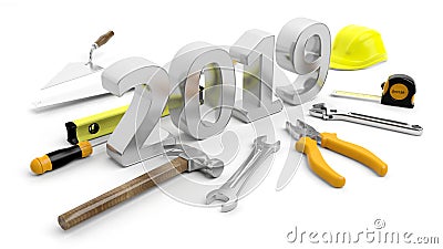 New year 2019. Hand tools and number 2019 on white background. 3d illustration Cartoon Illustration